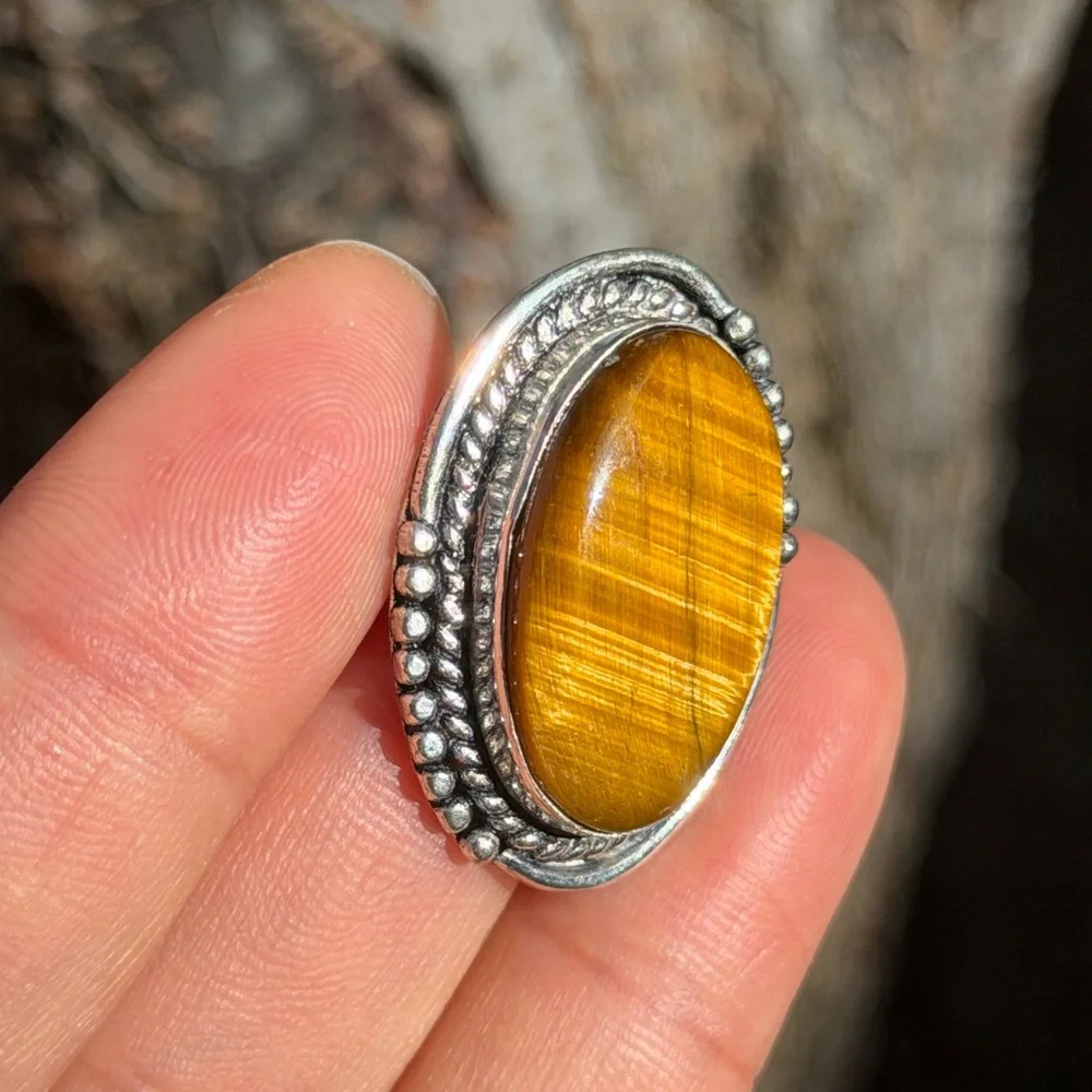 Size 6.5 925 silver plated flashy tiger eye‎ ring 0944